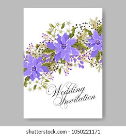 Floral wedding invitation vector template marriage ceremony announsment violet chrysanthemum
