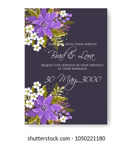 Floral wedding invitation vector template marriage ceremony announsment violet chrysanthemum