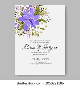 Floral wedding invitation vector template marriage ceremony announsment violet chrysanthemum