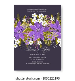 Floral wedding invitation vector template marriage ceremony announsment violet chrysanthemum
