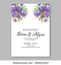 Floral wedding invitation vector template marriage ceremony announsment aloha violet hibiscus