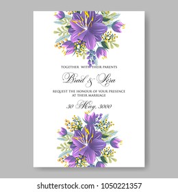 Floral wedding invitation vector template marriage ceremony announsment aloha purplehibiscus