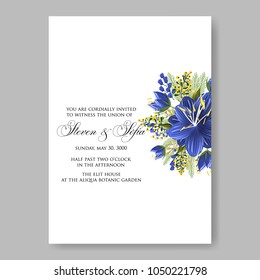 Floral wedding invitation vector template marriage ceremony announsment aloha blue hibiscus