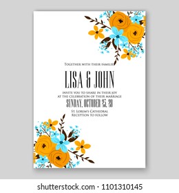 Floral wedding invitation vector template yellow rose blue daisy