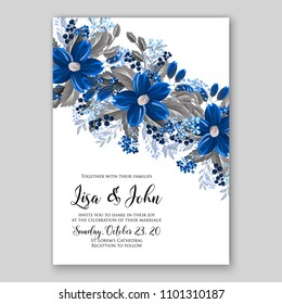 Floral wedding invitation vector template blue anemone forget-me-not