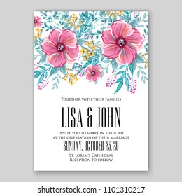 Floral wedding invitation vector template pink anemone sakura
