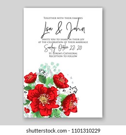 Floral wedding invitation vector template soft red poppy peony 