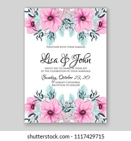 Floral wedding invitation vector template pink blush anemone daisy