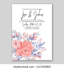 Floral wedding invitation vector template pink peony