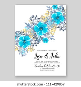 Floral wedding invitation vector template blue anemone