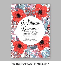 Floral wedding invitation vector template red poppy peony autimn background