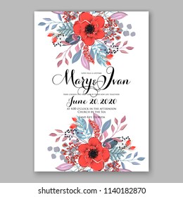 Floral wedding invitation vector template red poppy peony autimn background
