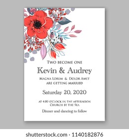 Floral wedding invitation vector template red poppy peony autimn background