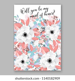 Floral wedding invitation vector template autumn white anemone wreath bacground