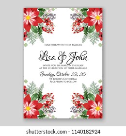 Floral wedding invitation vector template poinsettia fir evergreen branches christmas party invitation