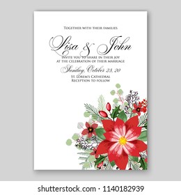 Floral wedding invitation vector template poinsettia fir evergreen branches christmas party invitation