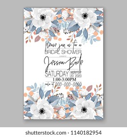 Floral wedding invitation vector template white flower anemone mint leaves winter background