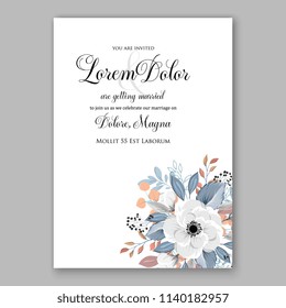 Floral wedding invitation vector template white flower anemone mint leaves winter background