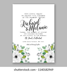 Floral wedding invitation vector template white anemone greenery wreath