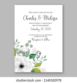 Floral wedding invitation vector template white anemone greenery wreath