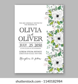 Floral wedding invitation vector template white anemone greenery wreath