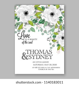 Floral wedding invitation vector template white anemone greenery wreath