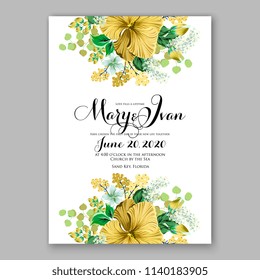 Floral wedding invitation vector template aloha hawaii yellow hibiscus