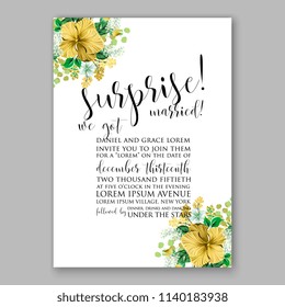 Floral wedding invitation vector template aloha hawaii yellow hibiscus