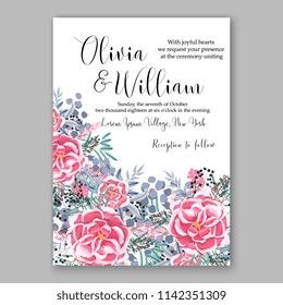 Floral wedding invitation vector template pink wreath Rose peony ranunculus flower greenery bridal shower invitation background