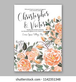 Floral wedding invitation vector template orange peach chrysanthemum Rose peony ranunculus flower greenery bridal shower invitation background