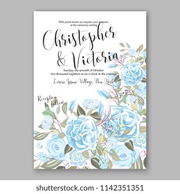 Floral wedding invitation vector template blue Rose peony ranunculus flower greenery bridal shower invitation background