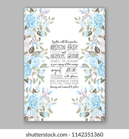 Floral wedding invitation vector template blue Rose peony ranunculus flower greenery bridal shower invitation background