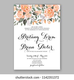 Floral wedding invitation vector template orange peach chrysanthemum Rose peony ranunculus flower greenery bridal shower invitation background