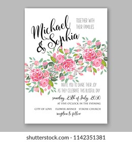 Floral wedding invitation vector template pink Rose peony ranunculus flower greenery bridal shower invitation background