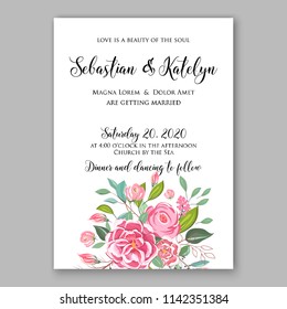 Floral wedding invitation vector template pink Rose peony ranunculus flower greenery bridal shower invitation background