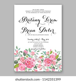 Floral wedding invitation vector template pink Rose peony ranunculus flower greenery bridal shower invitation background