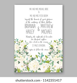 Floral wedding invitation vector template white jasmine Rose peony flower greenery bridal shower invitation background