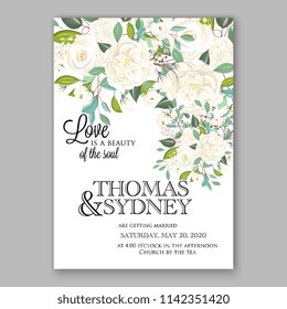 Floral wedding invitation vector template white jasmine Rose peony flower greenery bridal shower invitation background