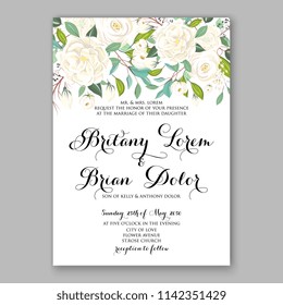 Floral wedding invitation vector template white jasmine Rose peony flower greenery bridal shower invitation background