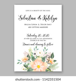 Floral wedding invitation vector template Rose peony ranunculus flower greenery bridal shower invitation background