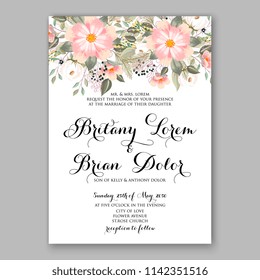 Floral wedding invitation vector template Rose peony ranunculus flower greenery bridal shower invitation background