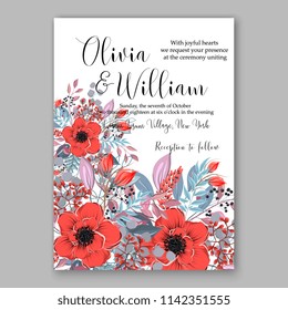 Floral wedding invitation vector template red poppy anemone Rose peony ranunculus flower greenery bridal shower invitation background