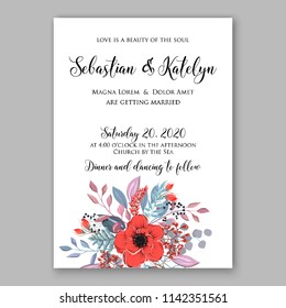 Floral wedding invitation vector template red poppy anemone Rose peony ranunculus flower greenery bridal shower invitation background