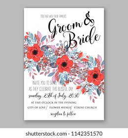 Floral wedding invitation vector template red poppy anemone Rose peony ranunculus flower greenery bridal shower invitation background