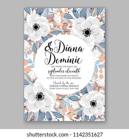 Floral wedding invitation vector template white anemone dahlia Rose peony ranunculus flower blue winter greenery bridal shower invitation background