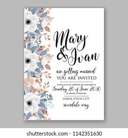 Floral wedding invitation vector template white anemone dahlia Rose peony ranunculus flower blue winter greenery bridal shower invitation background