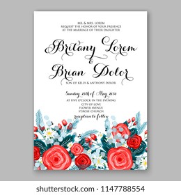Floral wedding invitation vector template red winter rose fir wreath background pattern