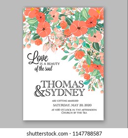 Floral wedding invitation vector template peach orange poppy peony rustic country flower greenery
