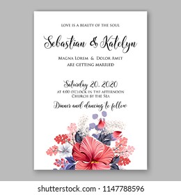 Floral wedding invitation vector template tropical hibiscus flower aloha luau party