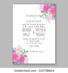Floral wedding invitation vector template pink chrysanthemum red rose greenery